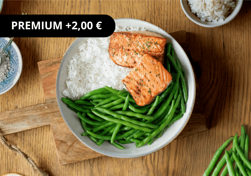 Lachs, Reis, grüne Bohnen
