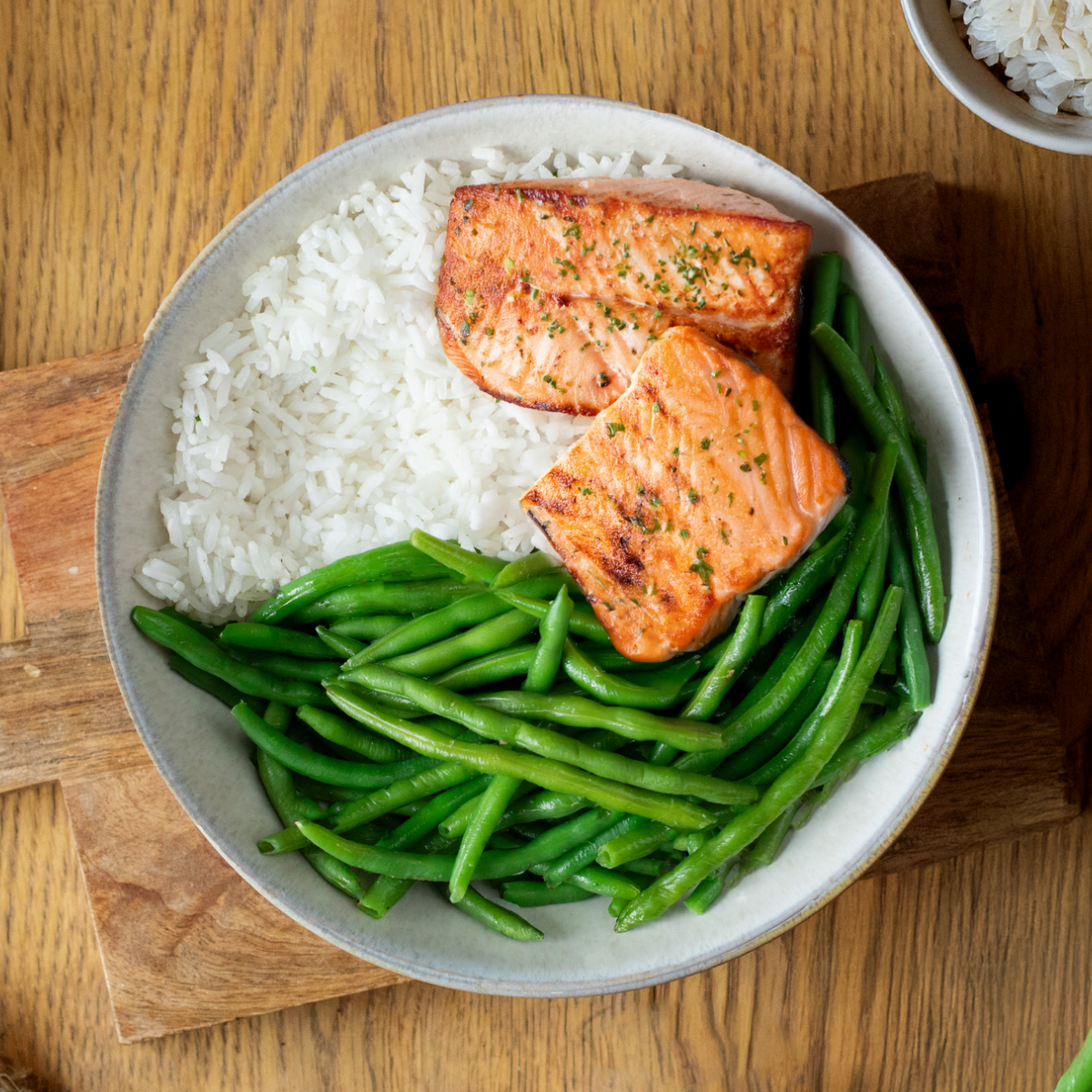 salmon, rice, green beans
