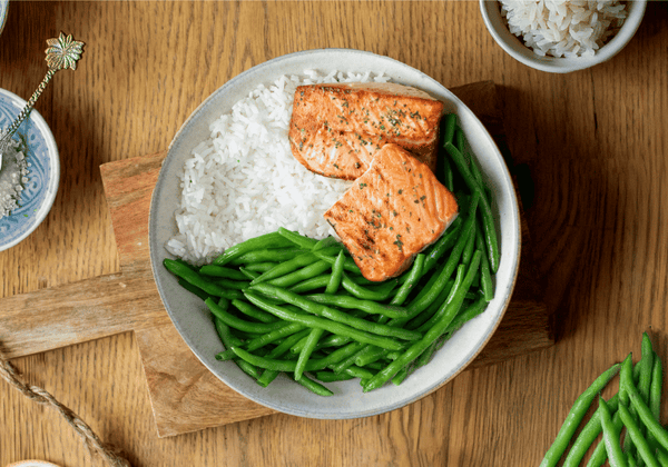 salmon, rice, green beans